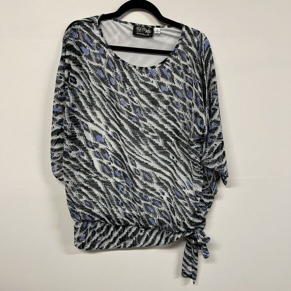 Bob Mackie Wearable Art Blouse M Blue Black Abstract Animal Print Sheer Tie Boho - Picture 2 of 13